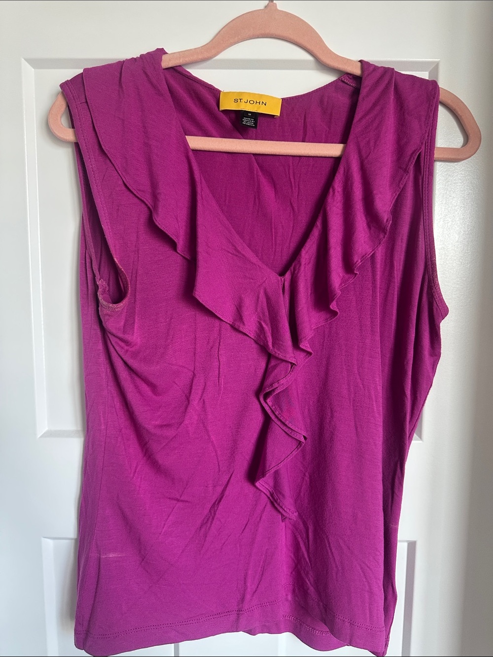 St. John Sleeveless Ruffle V-Neck Camisole - Fuchsia